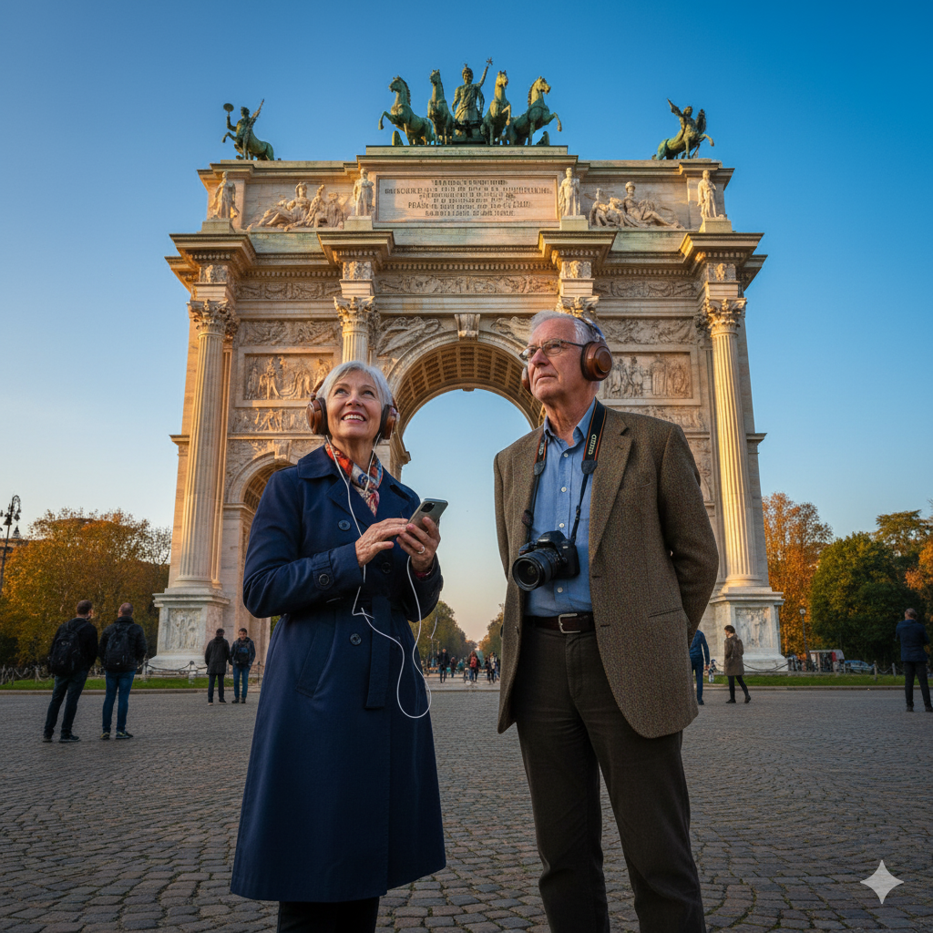 Self-guided audio tour app for Milan by Uvamai Niche Tourism, featuring a smartphone displaying the tour interface.