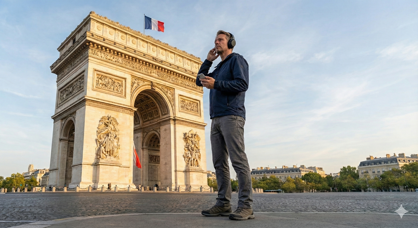 Audio tour device featuring the Arc de Triomphe from Uvamai Niche Tourism for self-guided Paris sightseeing.
