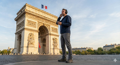 Audio tour device featuring the Arc de Triomphe from Uvamai Niche Tourism for self-guided Paris sightseeing.