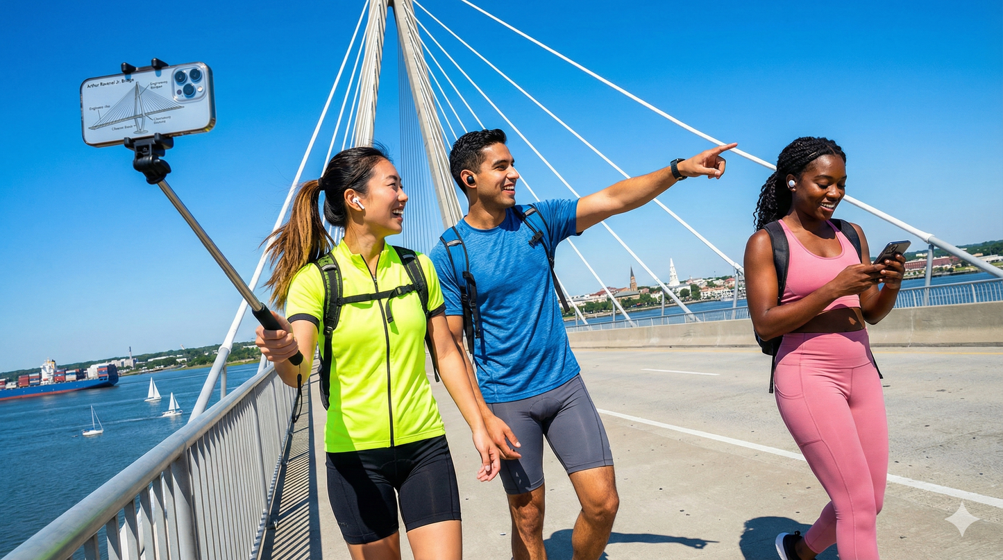 Self-guided audio tour of Charleston featuring historic landmarks, with an image of Arthur Ravenel Jr. Bridge by Uvamai Niche Tourism