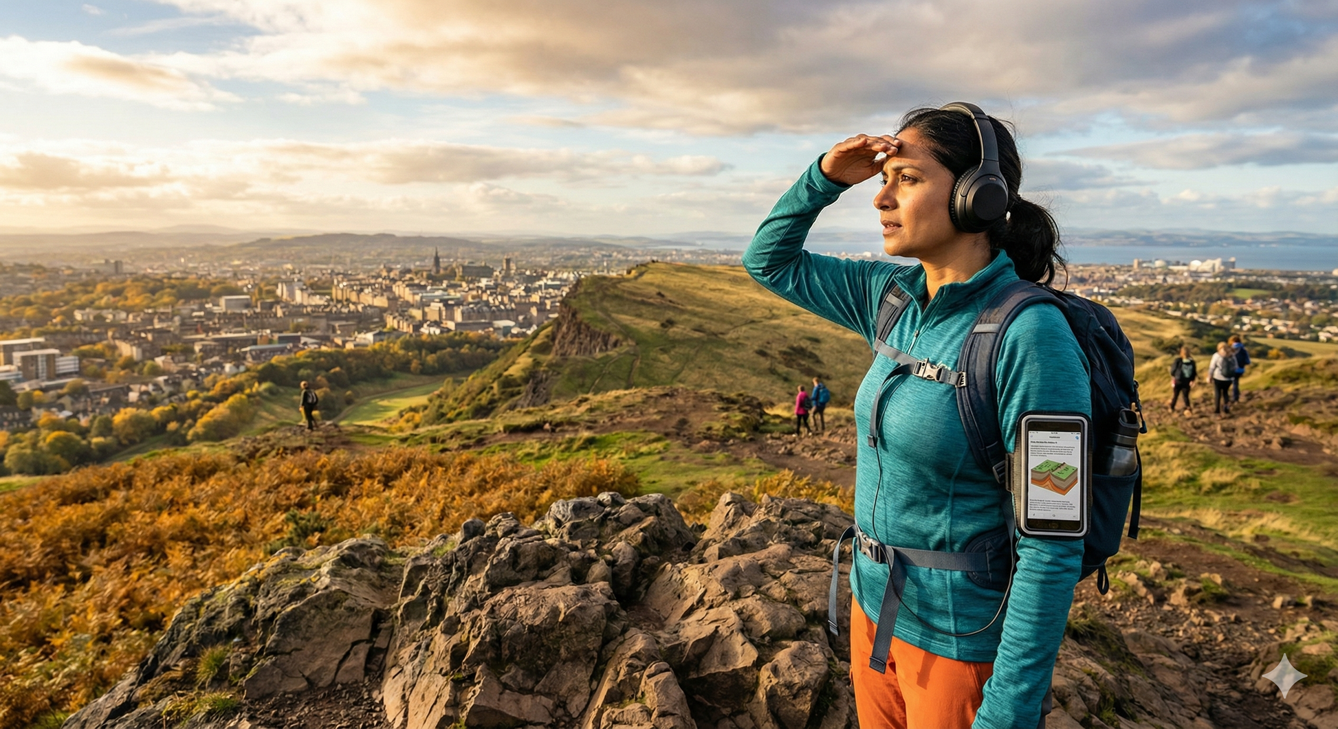 Self-guided audio tour for Edinburgh by Uvamai Niche Tourism, featuring audio device and scenic city views.