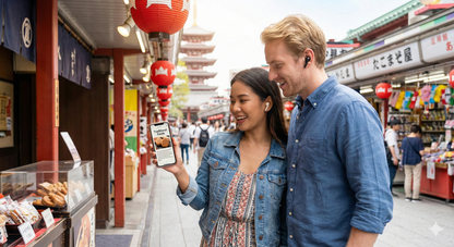Self-guided audio tour of the Asakusa neighborhood in Tokyo by Uvamai Niche Tourism, showing historic temples and vibrant streets.