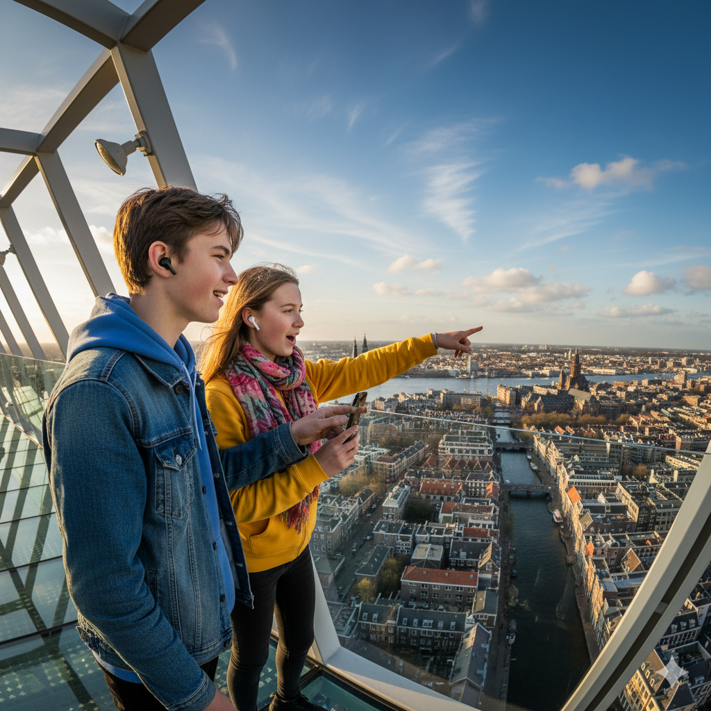 Audio tour device with headphones featuring the Amsterdam Lookout landmark, for the Uvamai Niche Tourism self-guided experience.