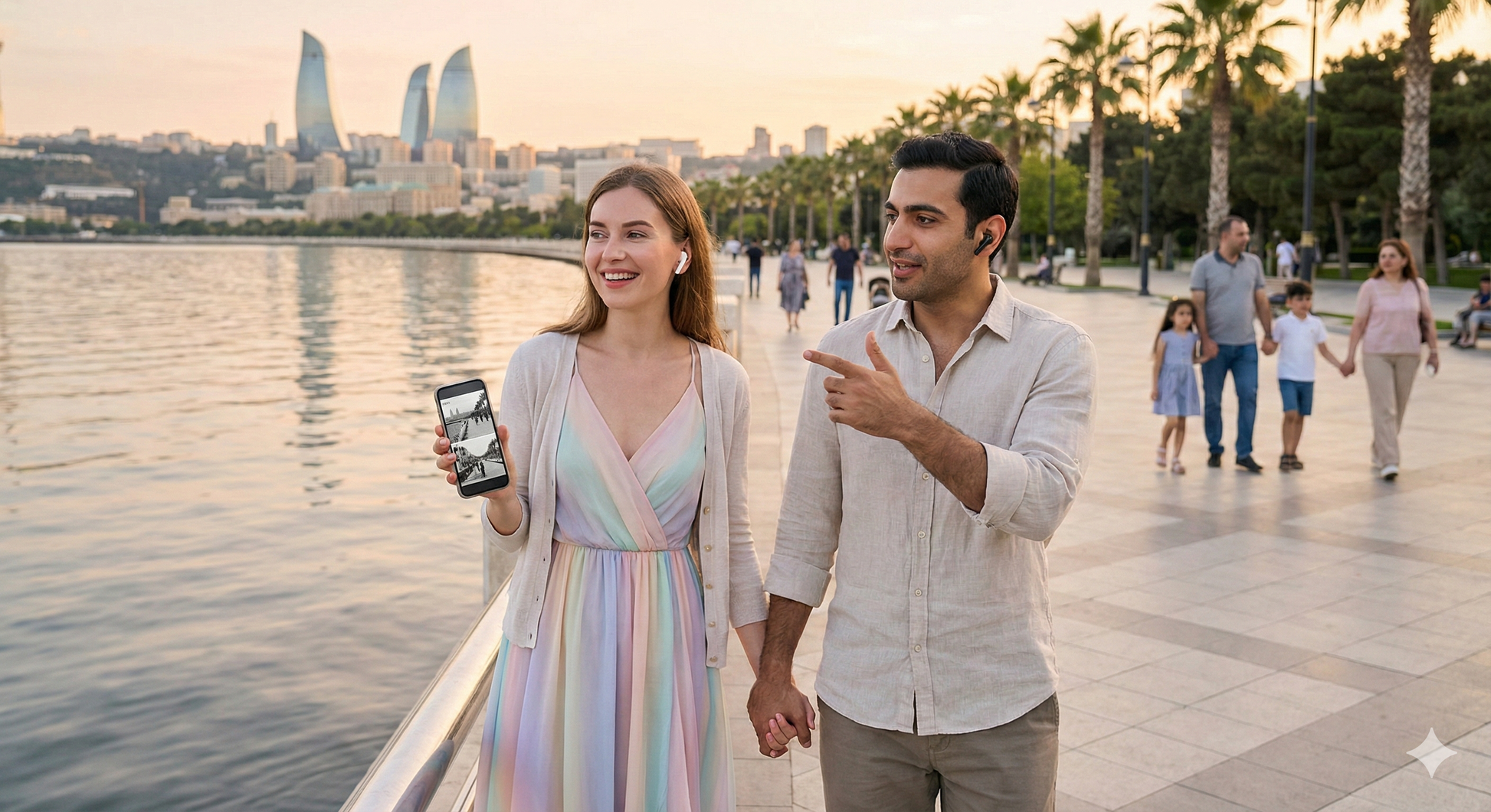 Baku self-guided audio tour map showing seaside promenade along Baku Boulevard, with scenic views and landmarks.
