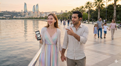 Baku self-guided audio tour map showing seaside promenade along Baku Boulevard, with scenic views and landmarks.
