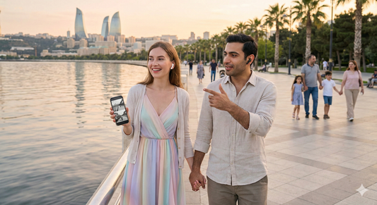 Baku self-guided audio tour map showing seaside promenade along Baku Boulevard, with scenic views and landmarks.