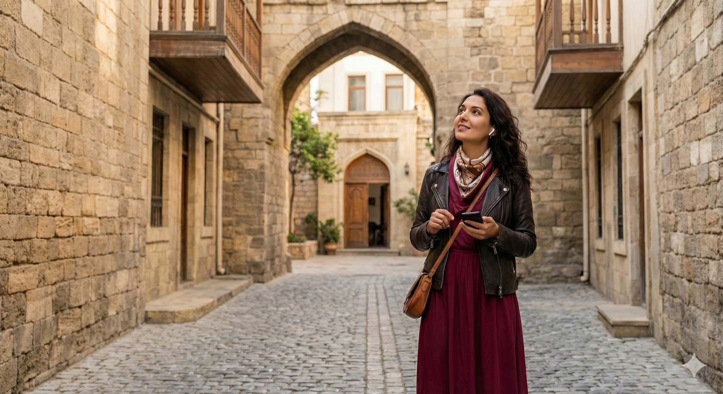 Audio tour guide for Baku city by Uvamai Niche Tourism, featuring historical landmarks and city highlights.