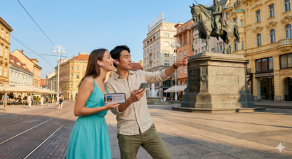Uvamai Niche Tourism Zagreb self-guided audio tour image of Ban Josi Jelacic Square with audio tour branding and city landmarks.