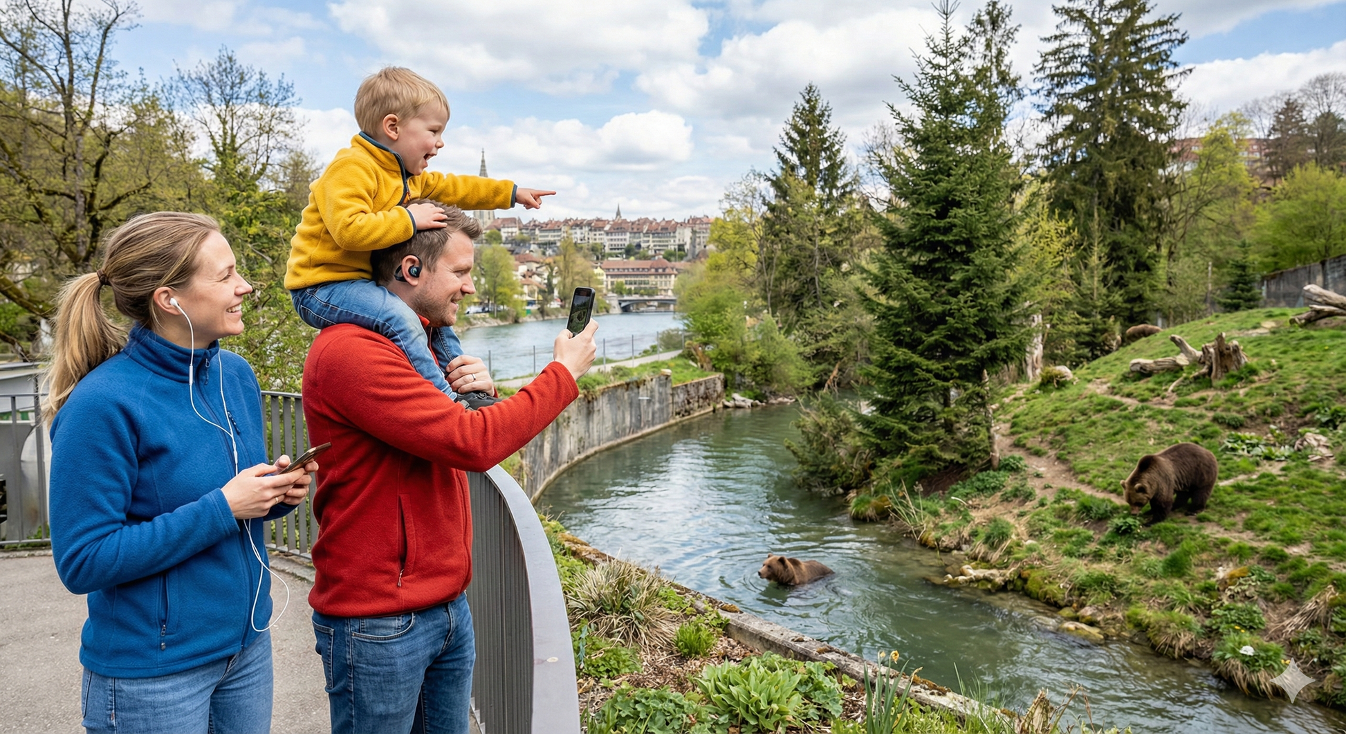 Self-guided audio tour by Uvamai Niche Tourism at Bern Bear Park, featuring bears and scenic park views with informational signage.