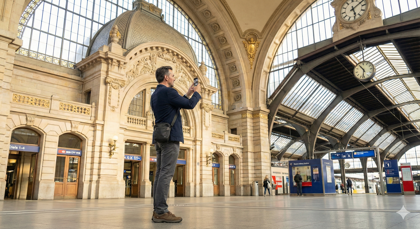 Self-guided audio tour of Basel station by Uvamai Niche Tourism, showing a modern train station with platforms and signage.
