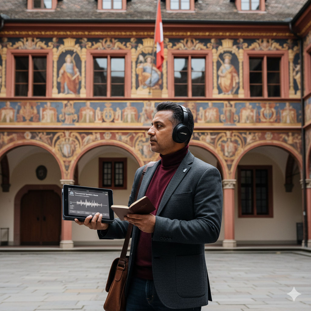 Self-guided audio tour of Basel's town hall, featuring historic architecture and city details by Uvamai Niche Tourism.