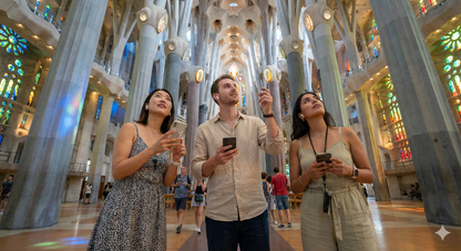 Self-guided audio tour of Basilica de la Sagrada Familia by Uvamai Niche Tourism, featuring an image of the basilica's iconic architecture.