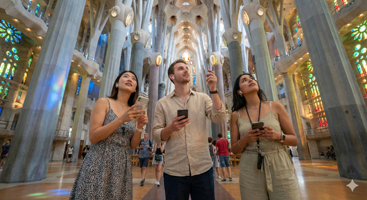 Self-guided audio tour of Basilica de la Sagrada Familia by Uvamai Niche Tourism, featuring an image of the basilica's iconic architecture.
