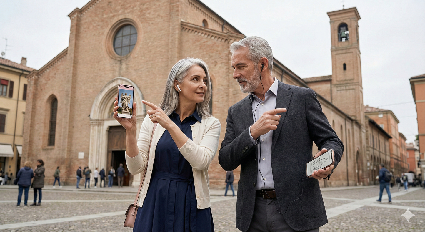 Self-guided audio tour of Bologna by Uvamai Niche Tourism, featuring images of historic sites and city landmarks.