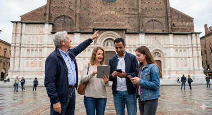 Bologna Self-Guided Audio Tour by Uvamai Niche Tourism, featuring historic Basilica di San Petronio in Bologna, Italy.