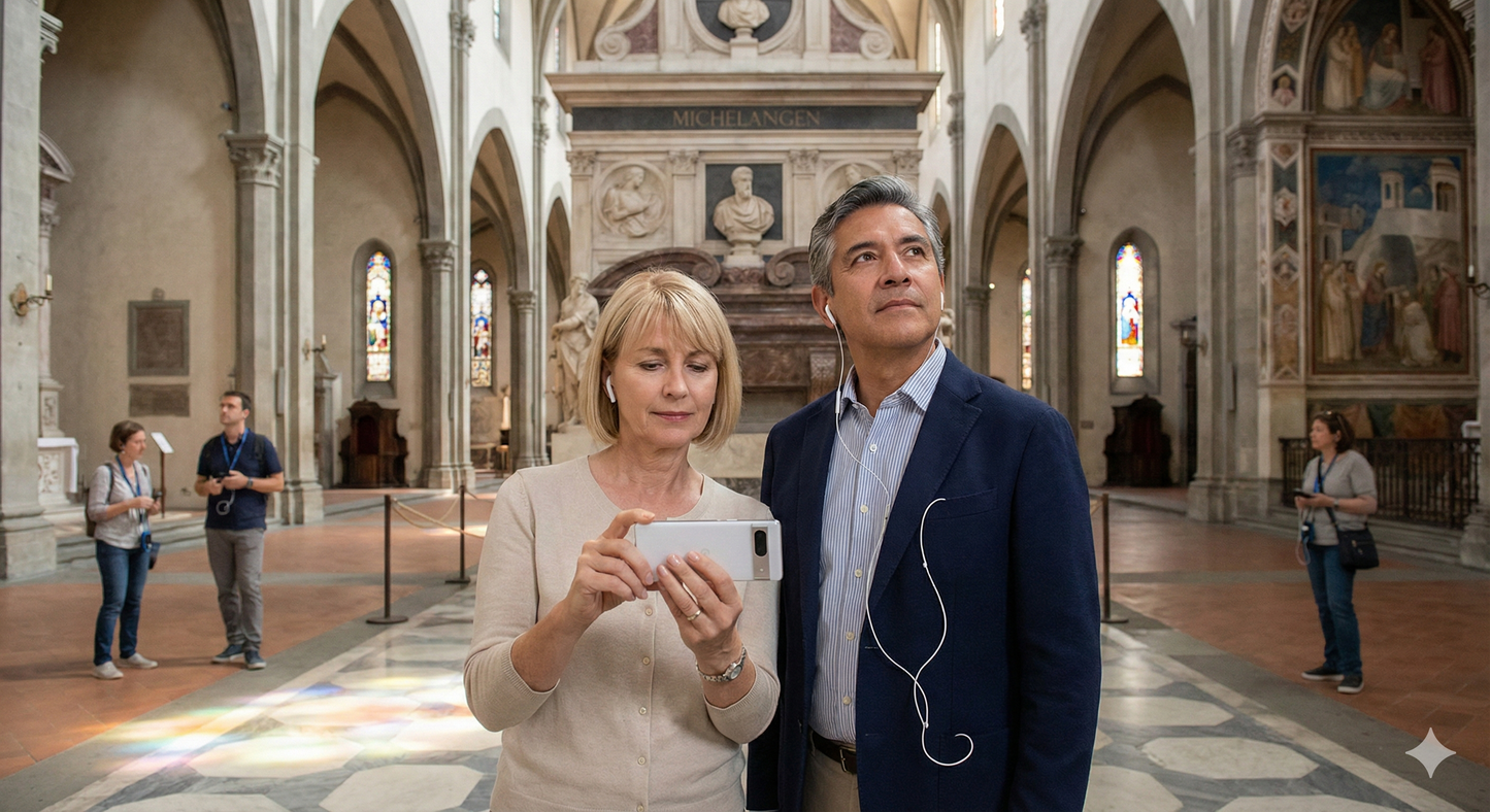 Audio tour device for Florence's Basilica di Santa Croce by Uvamai Niche Tourism, showing headphones and tour interface.