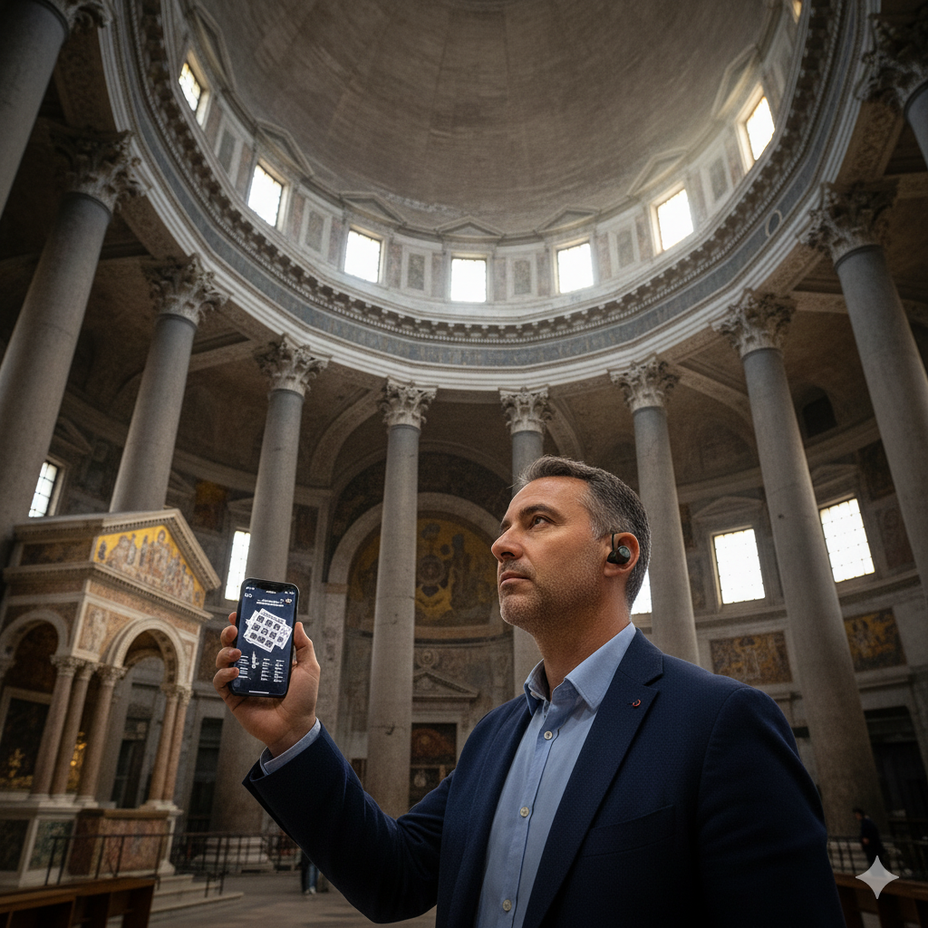 Uvamai Niche Tourism Milan self-guided audio tour at Basilica di San Lorenzo Maggiore, showcasing historic architecture and interior details.