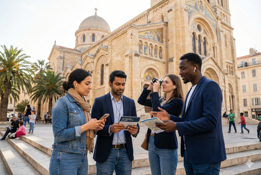 Self-guided audio tour app for Marseille featuring the Basilica of Sacré-Cœur, with scenic views and historical details.