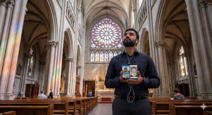 Self-guided audio tour of Geneva's Notre-Dame Basilica by Uvamai Niche Tourism, showing the basilica's exterior and architectural details.