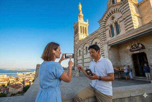 Self-guided audio tour of Basilique Notre-Dame de la Garde in Marseille by Uvamai Niche Tourism, featuring the basilica's exterior.