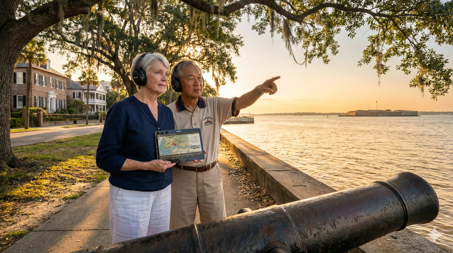 Self-guided audio tour device from Uvamai Niche Tourism at Battery White Point Gardens in Charleston.