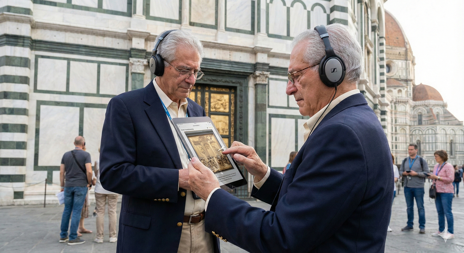 Audio guide device for Florence Baptistery self-guided tour by Uvamai Niche Tourism, showing headphones and tour interface.