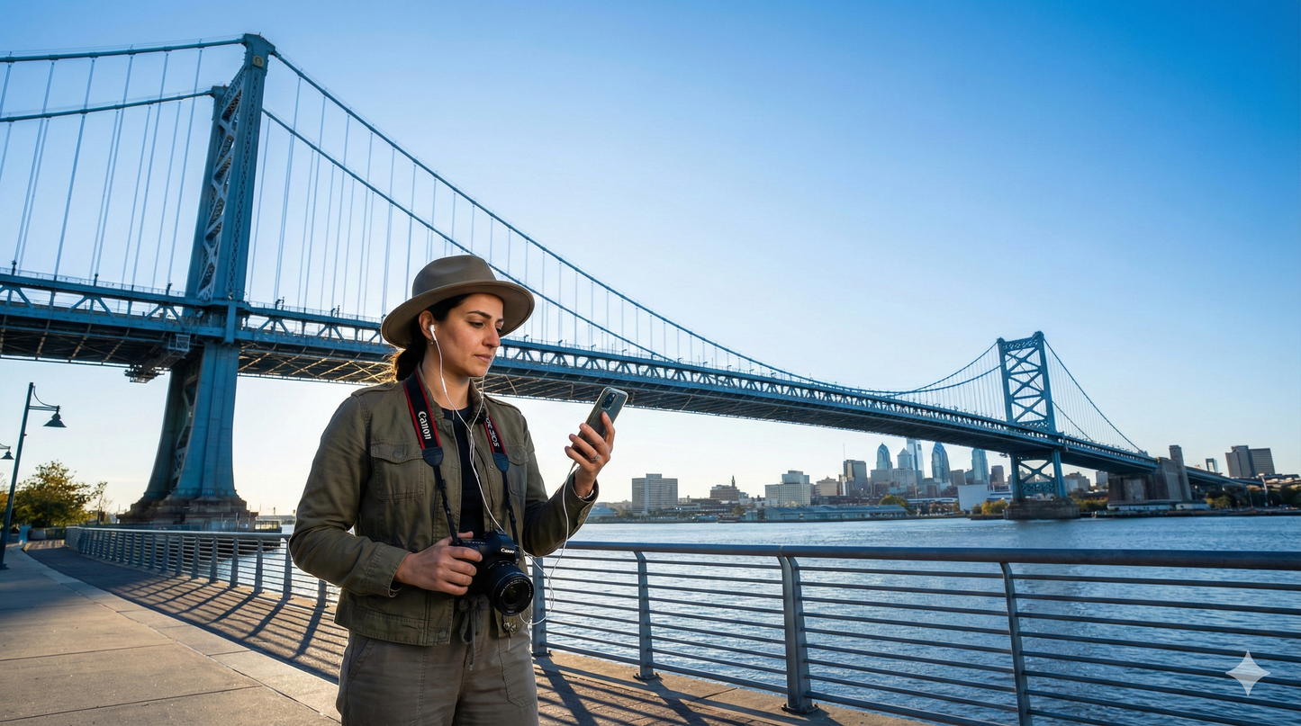 Audio tour guide for Benjamin Franklin Bridge by Uvamai Niche Tourism, featuring historic sights and scenic views of Philadelphia.
