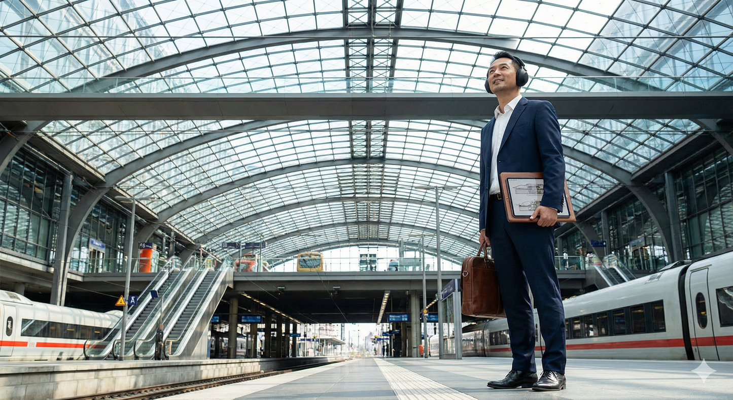 Self-guided audio tour of Berlin Central Station by Uvamai Niche Tourism, featuring exterior view of Hauptbahnhof.