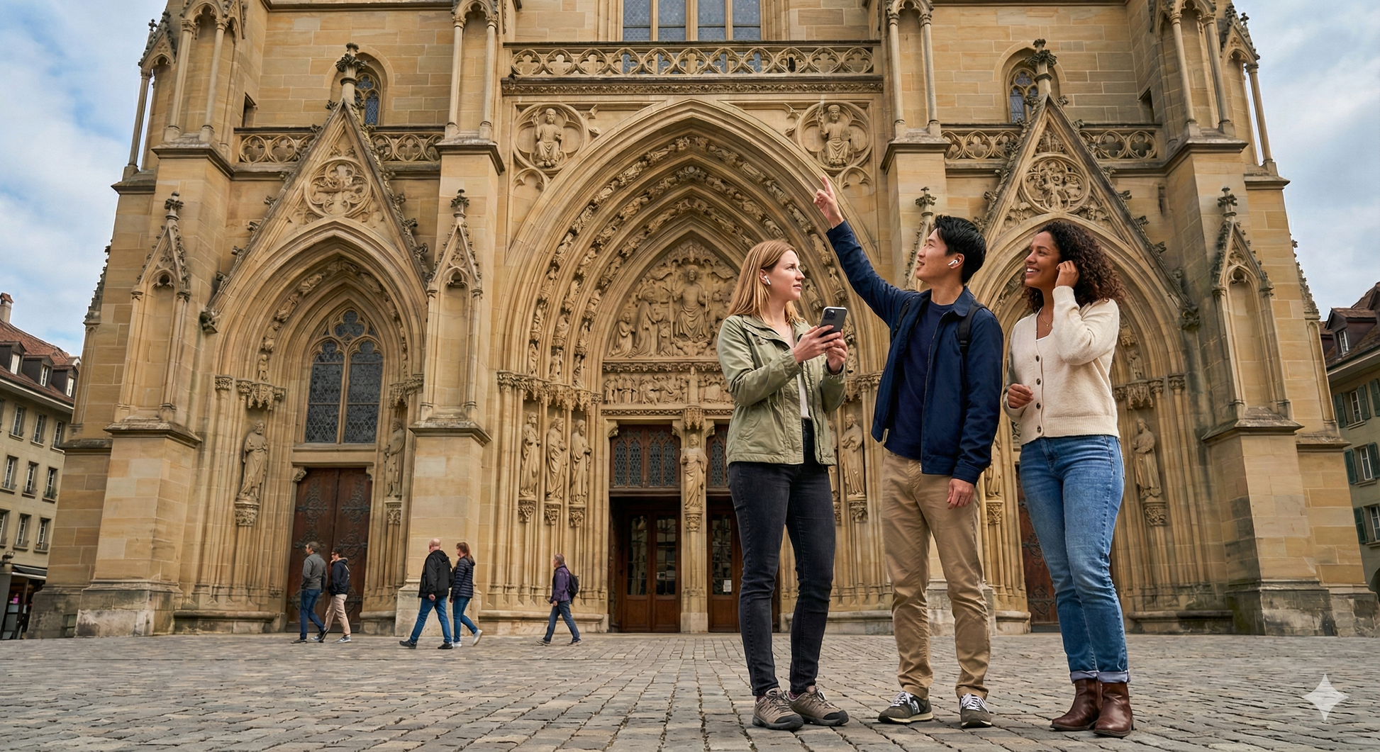 Self-guided audio tour of Bern Munster Cathedral by Uvamai Niche Tourism, featuring exterior view of the historic cathedral.
