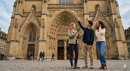 Self-guided audio tour of Bern Munster Cathedral by Uvamai Niche Tourism, featuring exterior view of the historic cathedral.