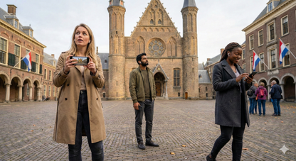Audio tour device with headphones for The Hague self-guided sightseeing tour by Uvamai Niche Tourism at Binnenhof Ridderzaal.