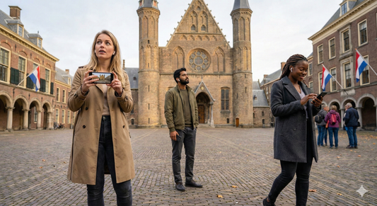 Audio tour device with headphones for The Hague self-guided sightseeing tour by Uvamai Niche Tourism at Binnenhof Ridderzaal.