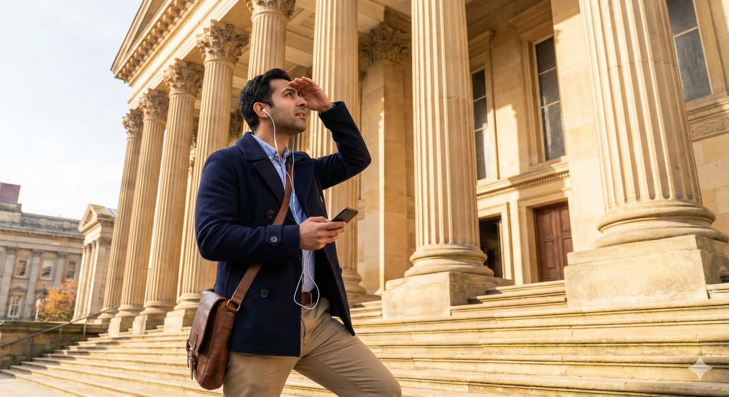 Self-guided audio tour of Birmingham Town Hall by Uvamai Niche Tourism, featuring exterior view of historic building.