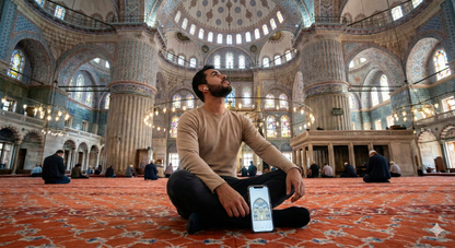 Interior view of the Blue Mosque prayer hall in Istanbul, featured in the Uvamai Niche Tourism self-guided audio tour.