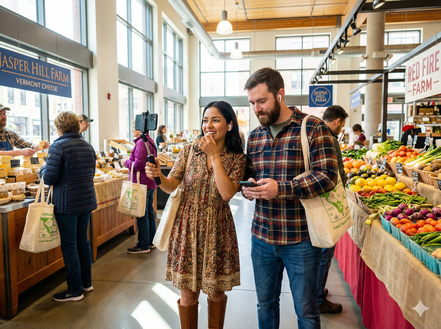 Audio tour guide for Boston Public Market by Uvamai Niche Tourism, featuring market stalls and shoppers in the vibrant marketplace.
