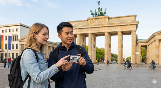 Brandenburg Gate in Berlin with Uvamai Niche Tourism self-guided audio tour branding and logo on image.