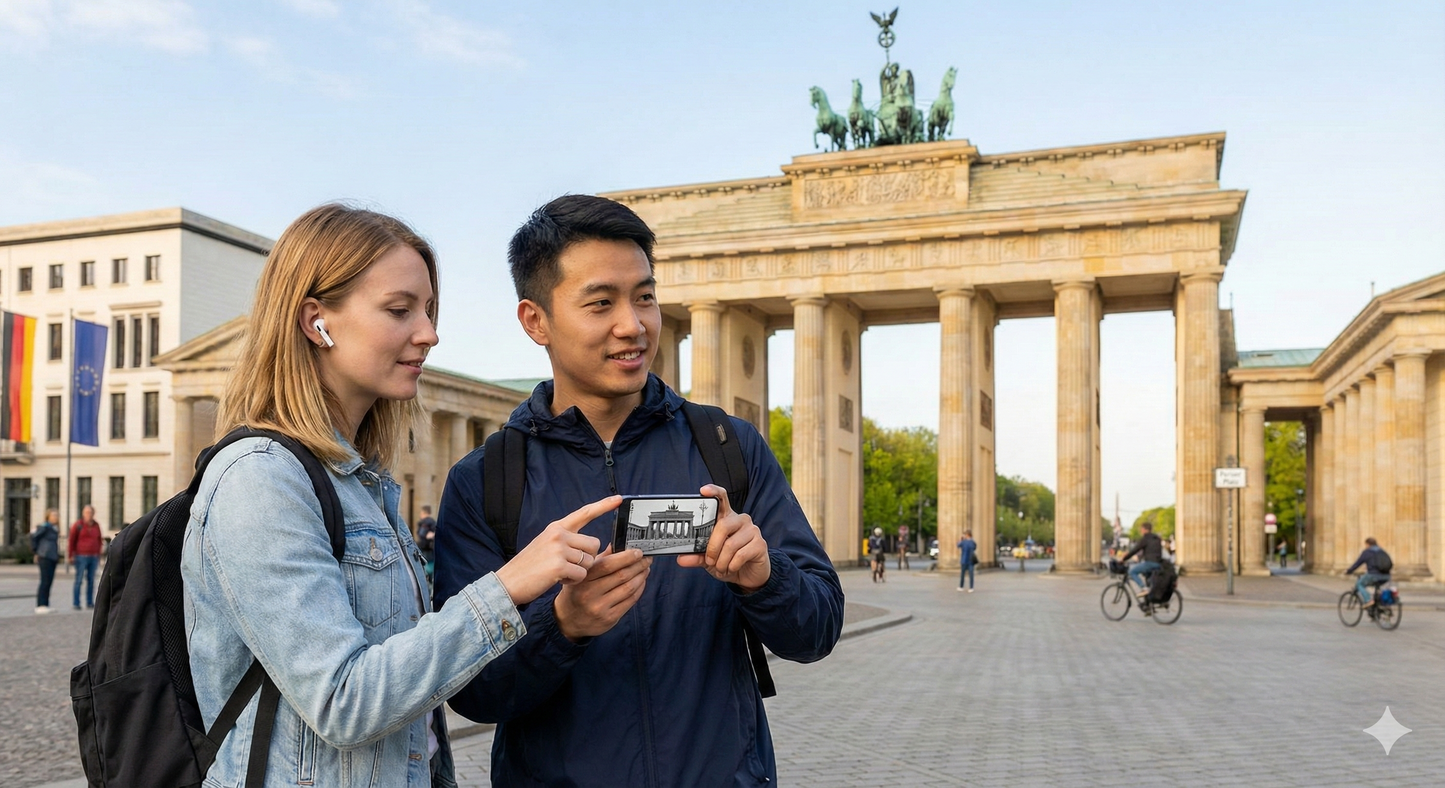 Brandenburg Gate in Berlin with Uvamai Niche Tourism self-guided audio tour branding and logo on image.
