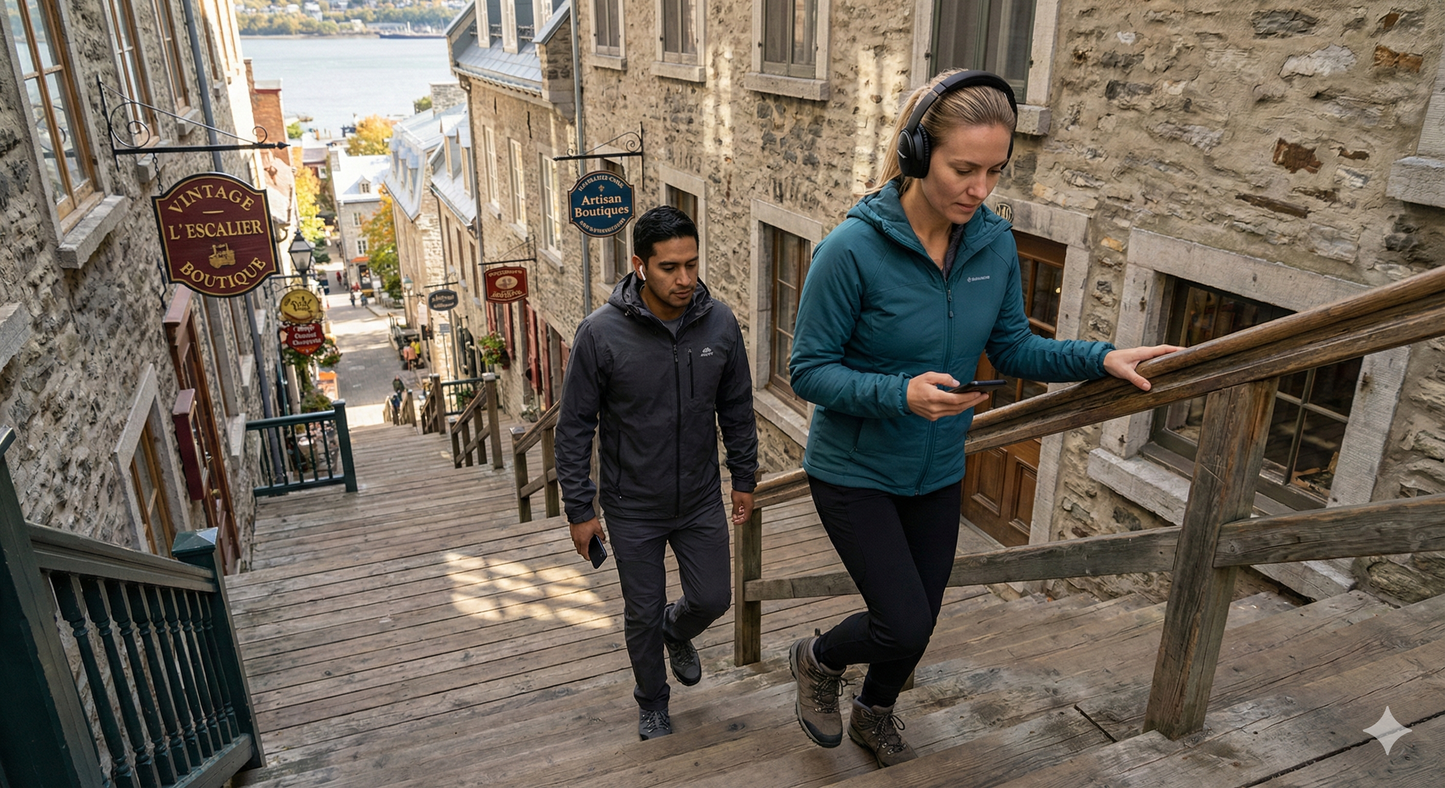 Self-guided audio tour of Quebec City by Uvamai Niche Tourism, featuring historic stairs and scenic city views.