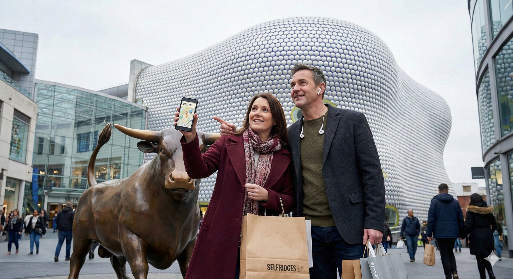 Self-guided audio tour of Birmingham's Bullring and Grand Central, featuring landmarks and city highlights by Uvamai Niche Tourism.