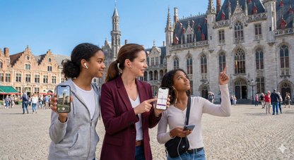Self-guided audio tour of Bruges featuring historic landmarks, with a focus on Burg Square, by Uvamai Niche Tourism.