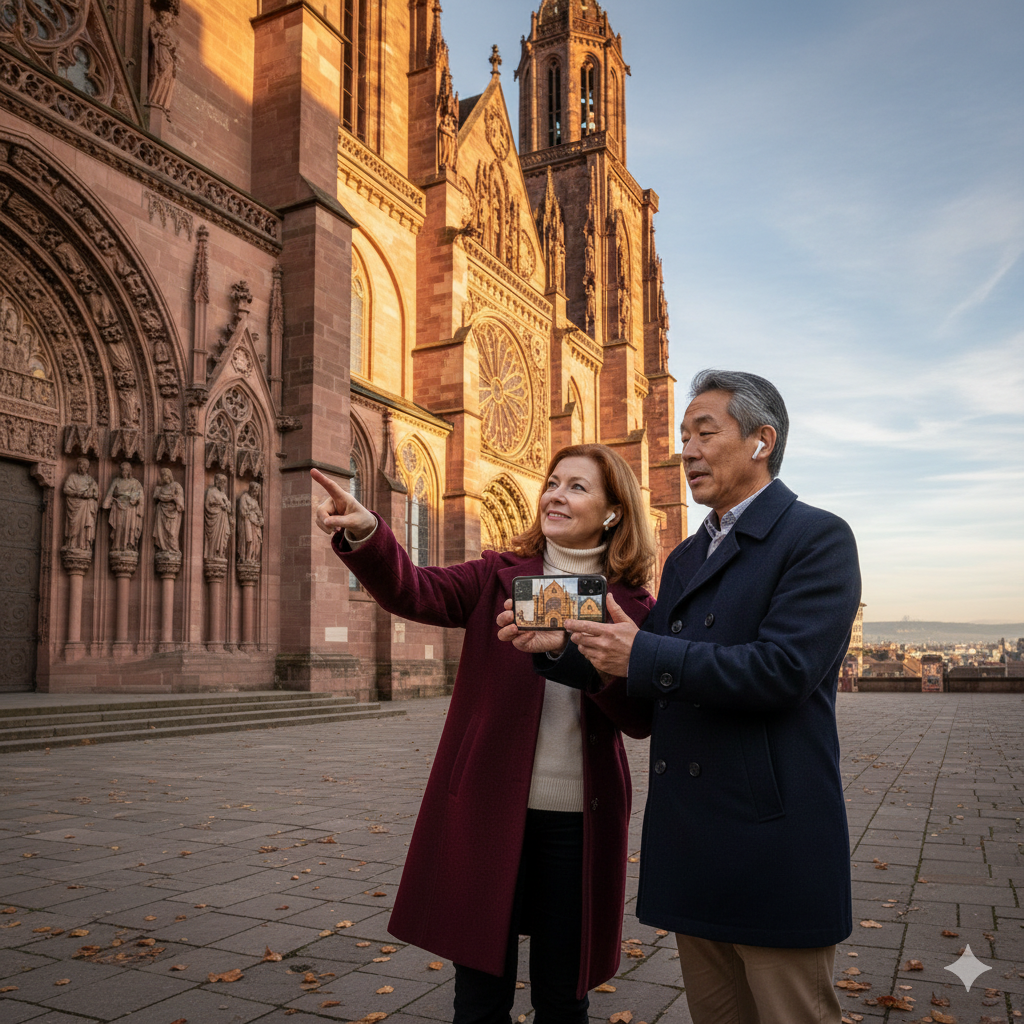 Self-guided audio tour of Basel Minster by Uvamai Niche Tourism, featuring detailed images of the historic cathedral.