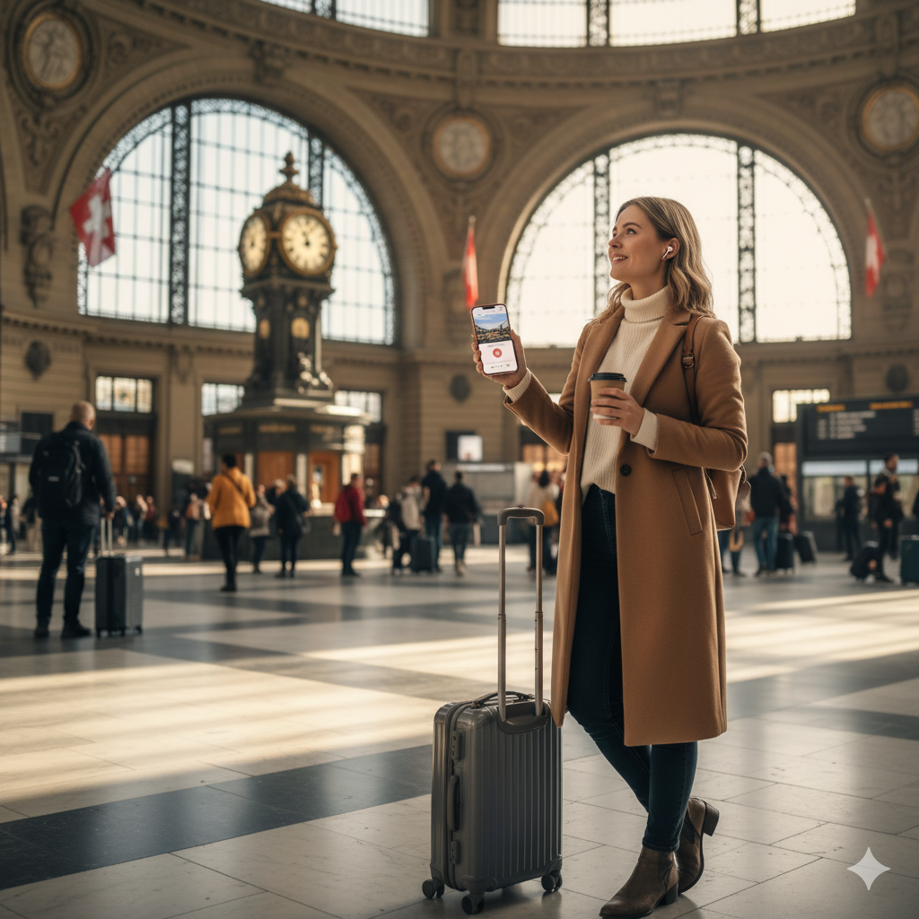 Self-guided audio tour of Basel SBB Station by Uvamai Niche Tourism, featuring station platform and signage.