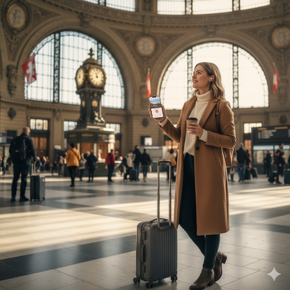 Self-guided audio tour of Basel SBB Station by Uvamai Niche Tourism, featuring station platform and signage.