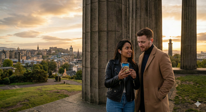 Audio tour device featuring images of Calton Hill, part of the Edinburgh Self-Guided Audio Tour by Uvamai Niche Tourism.