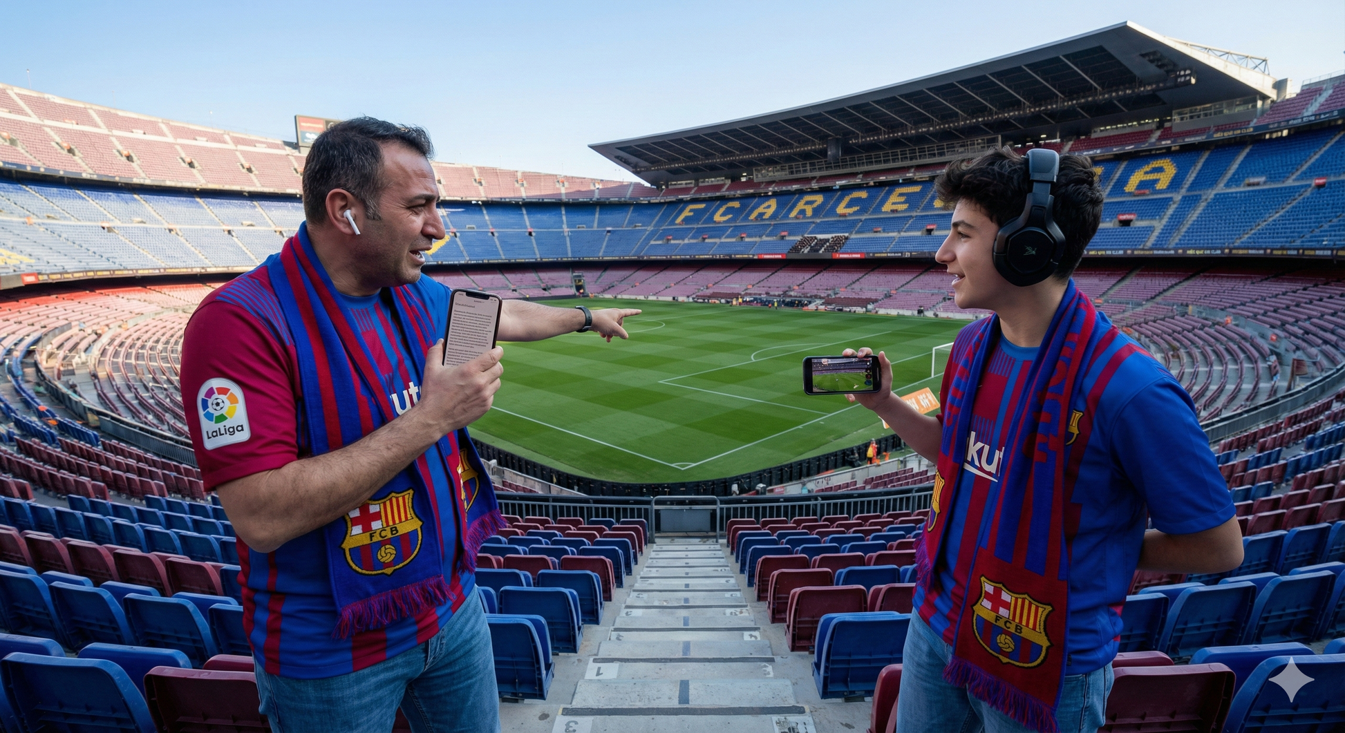Self-guided audio tour of Camp Nou stadium in Barcelona by Uvamai Niche Tourism, shown on a mobile device screen.