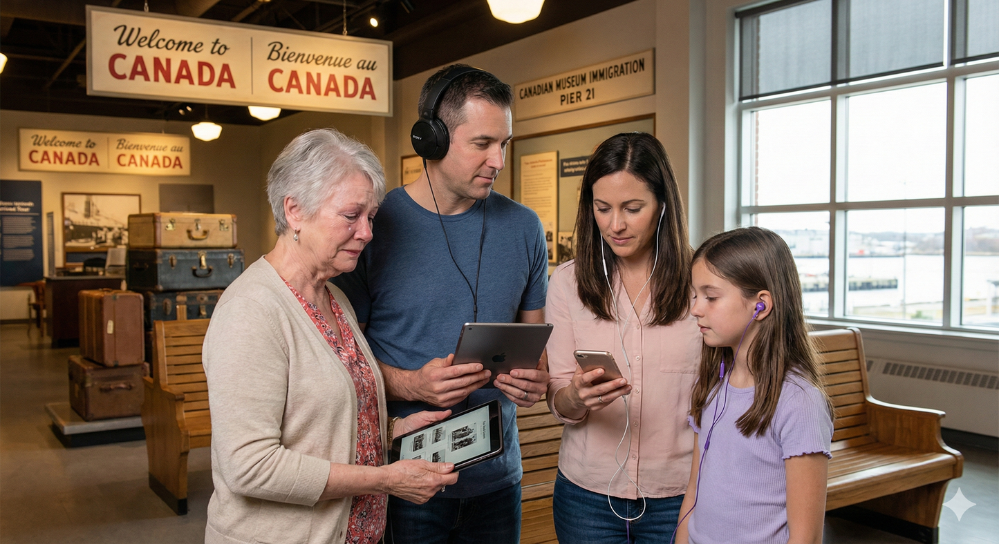 Self-guided audio tour of the Canadian Museum of Immigration at Pier 21 by Uvamai Niche Tourism, featuring museum exhibits and interior views.