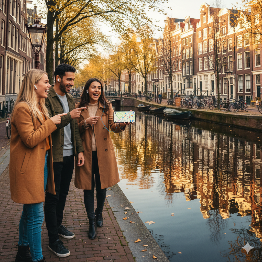 Audio tour device featuring canals of Amsterdam, with Uvamai Niche Tourism branding, for self-guided exploration of the city.