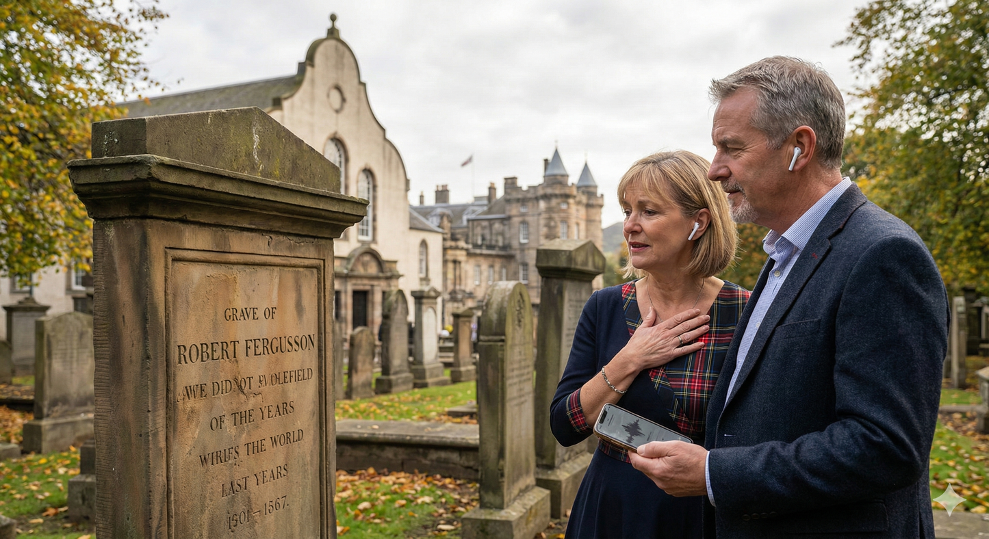Canongate Kirk in Edinburgh with Uvamai Niche Tourism's self-guided audio tour guide visible on a smartphone screen