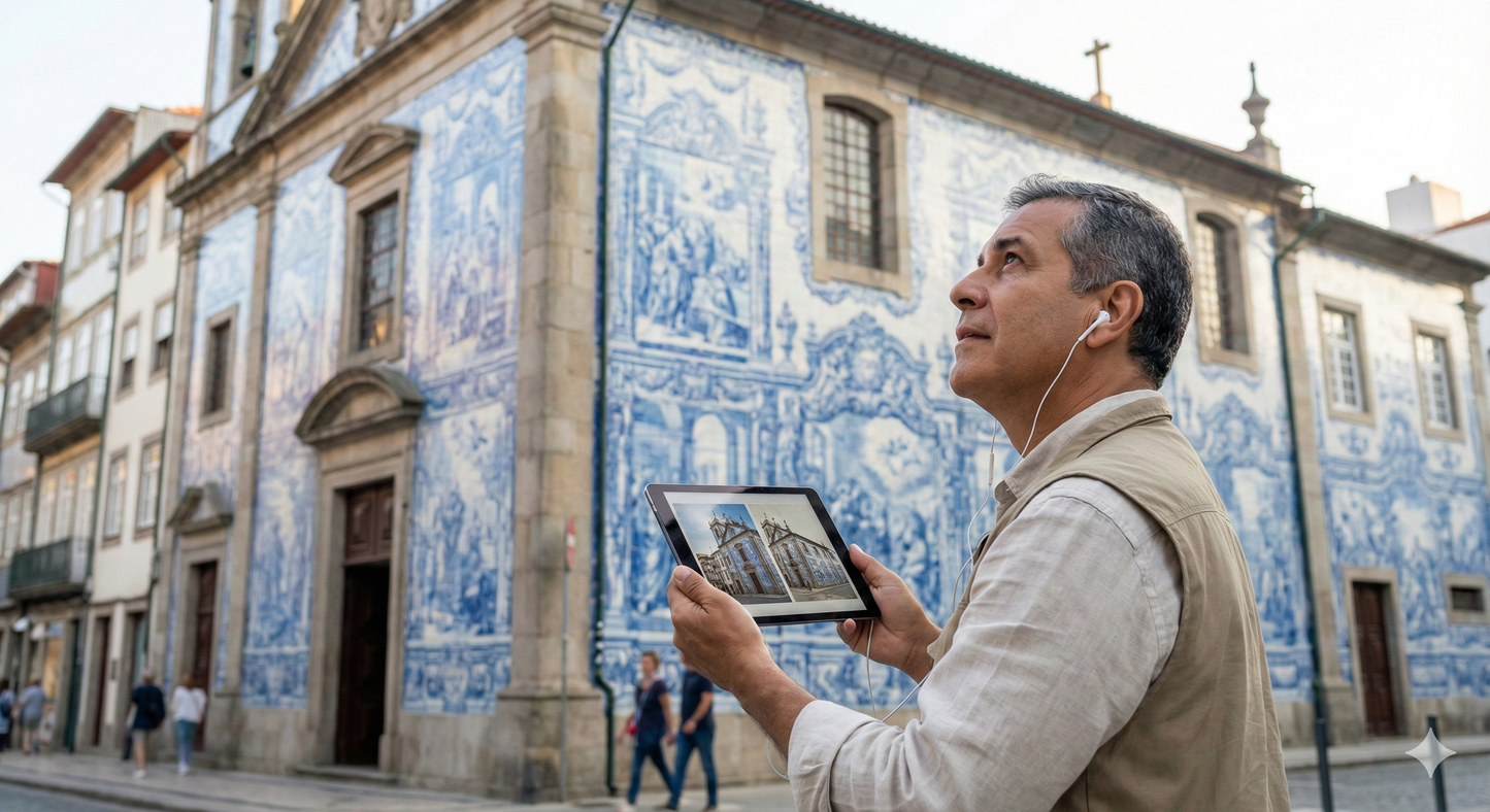 Audio tour device for Porto city exploration by Uvamai Niche Tourism, featuring headphones and tour controls.