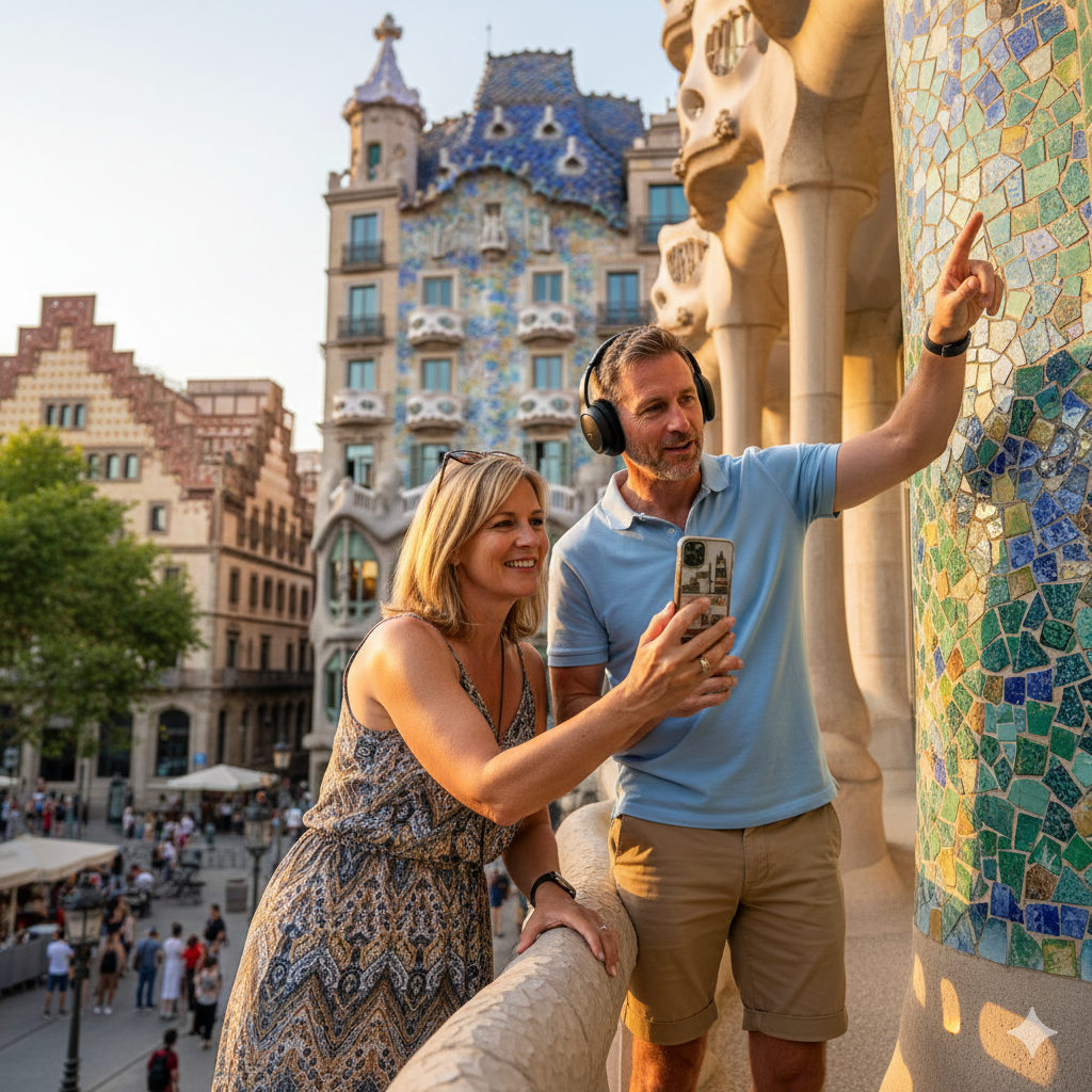 Self-guided audio tour for Barcelona by Uvamai Niche Tourism, showing audio device and travel map.